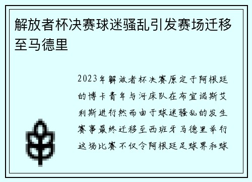 解放者杯决赛球迷骚乱引发赛场迁移至马德里